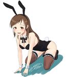  animal_ears breasts brown_eyes brown_hair bunny_ears bunny_tail bunnysuit idolmaster idolmaster_cinderella_girls large_breasts long_hair meile nitta_minami smile solo tail thighhighs wrist_cuffs 