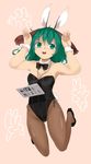  absurdres ameyu_(rapon) animal_ears bad_id bad_pixiv_id bow bowtie bunny_ears bunny_tail bunnysuit detached_collar dog_ears green_eyes green_hair highres kasodani_kyouko open_mouth pantyhose pet_shaming short_hair sign sign_around_neck solo tail touhou translated wrist_cuffs 