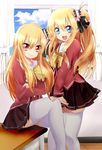  blonde_hair blue_eyes charlotte_(anime) dual_persona long_hair multiple_girls nishimori_misa nishimori_yusa red_eyes school_uniform siblings side_ponytail sisters thighhighs twins yuki_isuke 