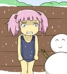  1girl ^_^ bangs blue_eyes cold eyes_closed hair_bobbles hair_ornament one-piece_swimsuit pink_hair shiitake_nabe_tsukami shivering snow snowing snowman solo stick trembling twintails yoshikawa_chinatsu yuru_yuri 