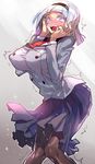  :d anna_nishikinomiya bangs blunt_bangs blush breasts commentary_request covered_nipples hairband hands_on_own_face highres knees_together_feet_apart kushabiria large_breasts necktie open_mouth pantyhose pleated_skirt purple_eyes red_neckwear school_uniform shimoneta_to_iu_gainen_ga_sonzai_shinai_taikutsu_na_sekai silver_hair skirt smile solo sparkle trembling wide-eyed 