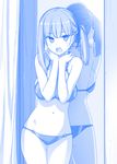  bangs bikini blue blush breasts cleavage commentary_request fitting_room getsuyoubi_no_tawawa hair_ribbon hands_on_own_shoulders himura_kiseki large_breasts looking_away looking_to_the_side mirror monochrome navel o-ring o-ring_bottom open_mouth reflection ribbon short_hair side_ponytail sideboob solo sweat swimsuit underboob 