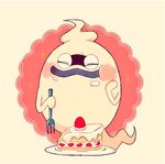  blush cake closed_eyes eating food food_on_face fork fruit ghost no_humans plate purple_lips simple_background solo sparkle strawberry strawberry_shortcake whisper_(youkai_watch) youkai youkai_watch 