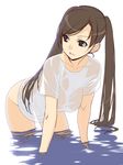  bent_over bottomless brown_eyes brown_hair ino kousaka_rino long_hair looking_back naked_shirt otome_function parted_lips see-through_silhouette shirt smile solo twintails wading wet wet_clothes wet_shirt 