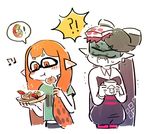  2girls anjap aori_(splatoon) black_hair blush breasts cleavage cropped_legs cup detached_collar domino_mask earrings eating fangs food food_on_head inkling jewelry long_hair looking_at_another mask mug multiple_girls musical_note object_on_head octarian octotrooper orange_eyes orange_hair pantyhose pointy_ears purple_legwear quarter_note shaded_face short_jumpsuit simple_background small_breasts splatoon_(series) splatoon_1 squid surprised sushi sweat takoyaki tentacle_hair tentacles turn_pale unitard white_background 
