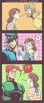  1girl 3boys 3koma anger_vein blue_hair brown_hair chain closed_eyes comic earrings father_and_daughter food gakuran grey_hair hat heart heart_background jewelry jojo_no_kimyou_na_bouken joseph_joestar kakyouin_noriaki kuujou_holly kuujou_joutarou mother_and_son multiple_boys nora_(act2) pocky polka_dot red_hair school_uniform translated 