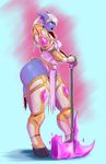  big_butt black_lips blue_eyes butt draenei female glowing glowing_eyes hair hammer horn huge_butt lips ponytail purple_skin solo thick_thighs tools unknown_artist video_games warcraft white_hair world_of_warcraft 