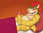  balls bed blush bowser digital_media_(artwork) erection grin horn humanoid_penis koopa looking_at_viewer male mario_bros musclegut muscles nintendo nipples nude on_bed open_mouth pecs penis reclining retracted_foreskin scalie seyrmo sharp_teeth side_view signature solo teeth uncut under_covers vein veiny_penis video_games 