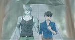  anthro belt black_hair canine clothing dialogue dog dog_tags duo fur hair hiroyuki_(morenatsu) human husky kouya_(morenatsu) looking_away male mammal morenatsu open_mouth outside raining shirt skinny smile teeth umbrella walking yellow_eyes 