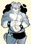  anthro biceps big_muscles bulge canine chest_tuft clothing dog fur joey_(kokuhane) kokuhane male mammal monochrome muscles one_eye_closed pecs solo strong tuft underwear wink 