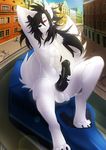  balls black_hair character_request city erection fur hair macro micro nude pawpads paws penis presenting ratatula_(artist) red_eyes sky smile train white_fur 