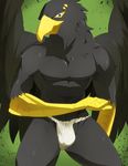  abs anthro avian blue_eyes bulge clothed clothing eyebrow_piercing facial_piercing half-dressed hi_res hidoritoyama male muscles piercing solo topless wings 