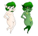  belly blue_eyes blush breasts fangs female green_hair hair imp looking_at_viewer navel nintendo pointy_ears red_eyes saria solo the_legend_of_zelda thick_thighs video_games wide_hips 