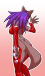  &lt;3 2008 anthro back breasts butt canine clothed clothing faceless_female female fur grey_fur hair kazuhiro kemono mammal pink_background purple_hair simple_background skimpy solo waving 