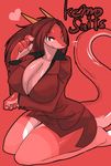  &lt;3 anthro big_breasts breasts cleavage clothed clothing english_text female fur hair huge_breasts kazuhiro kemono kneeling long_hair looking_at_viewer red_background red_eyes red_hair restricted_palette simple_background smile solo suit text 