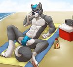  abs anthro barefoot beach butt canine clothed clothing ear_piercing english_text eyewear glasses hair half-dressed jailbird looking_at_viewer male mammal muscles necklace nude outside pawpads paws pecs piercing public radio sand sea seaside sharp_claws short_hair sitting smile solo speedo spread_legs spreading swimsuit teeth text water wolf 