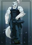  abs anthro biceps big_muscles bulge canine cigar clothed clothing eye_patch eyewear fur male mammal muscles pecs shirt smoke smoking tank_top tools tsukigata white_fur 