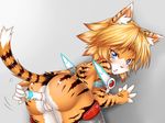  anal anal_penetration anthro anus bent_over blue_eyes blush butt feline female fur hair looking_at_viewer looking_back mammal masturbation open_mouth orange_hair penetration pussy raised_tail rear_view sex_toy striped_fur stripes syrup_(artist) vibrator 