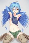  absurdres ahoge armpits arms_behind_head blue_hair blue_wings breast_slip breasts convenient_censoring cutoffs feathered_wings feathers full_body harpy highres monster_girl monster_musume_no_iru_nichijou navel one_breast_out one_eye_closed open_mouth papi_(monster_musume) ruma_imaginary short_shorts shorts sitting small_breasts solo talons wariza wings yellow_eyes 