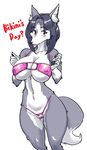  2015 ? anthro big_breasts bikini black_hair blush breasts canine clothed clothing english_text female fluffy_tail fur grey_fur hair kazuhiro kemono mammal multicolored_fur navel purple_eyes red_eyes skimpy solo standing swimsuit text two_tone_fur white_fur wolf 