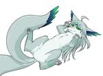  anthro female feral fur green_eyes grey_fur hair kazuhiro kemono long_hair looking_at_viewer lying nude pawpads simple_background smile solo white_background 