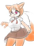  2015 anthro big_breasts breasts brown_fur brown_hair canine clothed clothing eyewear female fox fur glasses hair looking_down mammal open_mouth raised_tail red_eyes shirt simple_background skirt slit_pupils solo tailzkim white_background white_fur 