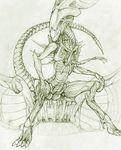  2015 alien alien_(franchise) alien_queen digitigrade ecmajor female long_tail monochrome multi_limb multiple_arms open_mouth sitting throne unfinished wide_hips xenomorph 