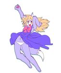  anthro blonde_hair bow cat clothed clothing dress feline female fur hair happy jumping kazuhiro kemono looking_at_viewer mammal open_mouth panties pink_eyes purple_fur simple_background smile solo teeth underwear white_background 