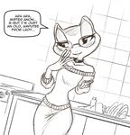  amphibian amputee anthro beatriz_overseer beatriz_resont black_and_white blush chochi choker clothing dialogue english_text eyewear female frog glasses kitchen milf monochrome mother parent plate sink solo text 