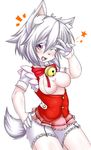  animal_humanoid bell blush breasts canine clothing collar female hand_on_hip humanoid mammal nipples one_eye_closed open_shirt pose purple_eyes shirt smile solo syrup_(artist) wolf wolf_humanoid 