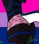  2015 ambiguous_gender anthro black_fur blue_fur butt canine clothed clothing fox fur girly half-dressed mammal multicolored_fur oliverthead panties pride rcfox rear_view shorts simple_background solo standing stripes topless underwear white_fur 