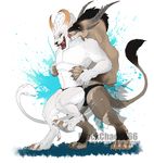  anthro blackchaos666 charr claws clothing cute fangs feline fur guild_wars hair horn hug laugh licking male male/male mammal smile tongue tongue_out underwear video_games white_fur 