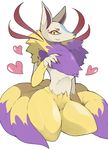  &lt;3 ambiguous_gender canine claws featureless_crotch fox fur green_sclera kneeling kyuubi_(youkai_watch) looking_at_viewer mammal multiple_tails neck_tuft simple_background smile tuft white_background wide_hips yellow_eyes youkai_watch サ～もん 