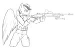  2014 ambiguous_gender anthro anthrofied clothing equine fan_character feathers gun hair half-closed_eyes m14 mammal monochrome my_little_pony pants pegasus ranged_weapon rifle side_view simple_background soldier solo thermalcake vest weapon white_background wings 