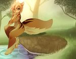  2015 anthro blonde_hair blue_eyes brown_fur canine female fluffy_tail forest fox fur grass hair lake looking_at_viewer mammal nude pawpads rudragon sitting smile solo tree water 