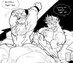  anthro avian bed biceps big_muscles bird canine chest_tuft dog eyes_closed fluffy fur joey_(kokuhane) kokuhane male mammal muscles pecs stan_(kokuhane) tablet tuft wristband 