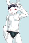  2015 bulge clothed clothing eyewear goggles hair half-dressed kemoisumi kemono king_kazuma lagomorph looking_at_viewer male mammal navel nipples rabbit red_eyes red_hair solo standing summer_wars swimsuit toned underwear young 