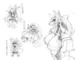  anthro armor big_breasts breasts canine clothed clothing embarrassed female japanese_text kazuhiro kemono looking_at_viewer mammal monochrome multiple_images simple_background sweat text tongue tongue_out translation_request white_background wolf 