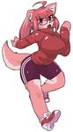  anthro big_breasts breasts clothing eyewear female footwear glasses hair kazuhiro kemono open_mouth red_eyes red_hair restricted_palette running shoes simple_background solo white_background 