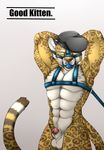  2015 abs animal_genitalia anthro balls bdsm bottomless cheetah clothed clothing english_text feline half-dressed hat looking_at_viewer male mammal muscles muzzle_(object) muzzled pecs penis raised_arm sheath spazzyhusky text 