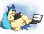  anthro balls barefoot computer drawing english_text fur laptop male nintendo penis pok&eacute;mon rikuaoshi sitting smile solo spread_legs spreading text tongue tongue_out typhlosion uncut video_games 