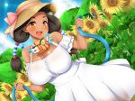  1girl black_hair blue_sky blush breasts cleavage curvy dark_skin dress female flower hair_tubes happy hat large_breasts lens_flare looking_at_viewer matsuri_(senran_kagura) mountains senran_kagura senran_kagura_new_wave shiny shiny_skin sky smile solo standing sun sun_hat sunflower tsubuki_(ron-bb69) twintails water_drop water_hose white_dress yellow_eyes 