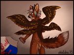  2015 ambiguous_gender anthro antlers aven-fawn cervine deer ekbellatrix feathered_wings feathers girly green_eyes hair hooves horn long_hair mammal multicolored_hair peryton red_bull solo spots standing tailbell transformation wings 