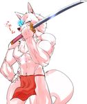  2014 abs anthro biceps bionic_eye blue_eyes canine chest_tuft clothed clothing fluffy_tail fur glowing glowing_eyes half-dressed hand_on_hip japanese_text kazuhiro male mammal melee_weapon muscles pecs simple_background solo squint standing sword text topless translation_request tuft weapon white_background white_fur wolf 