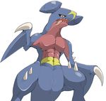  abs ambiguous_gender animal_genitalia anus black_sclera feral garchomp genital_slit muscles nintendo pok&eacute;mon sharp_teeth simple_background slit solo teeth tongue tongue_out video_games white_background wide_hips yellow_eyes サ～もん 