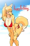  anthro bent_over big_breasts bikini blush breasts brown_fur brown_hair canine clothed clothing cloud dog english_text female fluffy_tail fox fur hair hand_on_thigh kazuhiro kemono licking licking_lips looking_at_viewer mammal outside red_eyes sky smirk solo standing swimsuit text tongue tongue_out white_sclera 