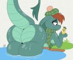  anthro ass_up big_butt blush breasts butt butt_focus clothed clothing cute_face digital_media_(artwork) disney female flat_colors glistening glistening_body glistening_skin grass green_body green_scales hair hat headgear headwear hi_res holding_object huge_butt loch_ness_monster long_tail looking_away marine multicolored_body multicolored_clothing nessie_(disney) nr_ac nude plant pond raised_tail rubber_duck scales scalie scarf signature simple_background smile solo the_ballad_of_nessie thick_tail thick_thighs two_tone_body water wet 