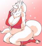  2015 anthro big_breasts big_butt big_tail blush bottomless breasts brown_eyes butt canine chest_tuft chubby clothed clothing female fluffy_tail fox fur gradient_background hair half-dressed huge_breasts kazuhiro kemono kneeling legwear looking_at_viewer mammal open_mouth paws pink_background pink_eyes simple_background solo thick_thighs tuft white_fur white_hair white_sclera 