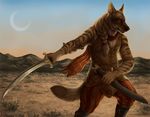  2015 anthro boots braided_hair brown_eyes brown_fur clothed clothing ear_piercing footwear fur hair hyena lochan male mammal melee_weapon moon outside piercing pose rukis scar scarf scenery solo story_in_description striped_hyena sword vest wasteland weapon white_fur 