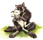  2015 black_eyes black_fur blue_eyes canine caprine claws cloven_hooves cute duo feral fur gabu goat grass grey_fur hooves horn hug kenket male mammal mei_(one_stormy_night) one_eye_closed one_stormy_night pawpads paws simple_background sitting smile underhoof white_background white_fur wolf 